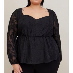 🆕 Black Peplum Chiffon Clip Floral Puff Sleeve Top 1 1X 14 16 NWT Torrid New!